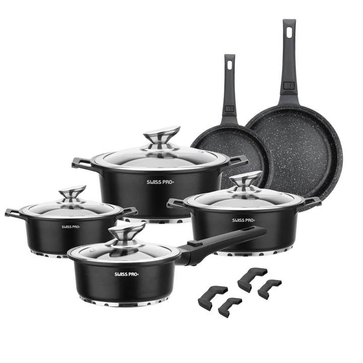 Batterie de cuisine en fonte d'aluminium 14 PCS noir pour la vente par Swiss Pro+