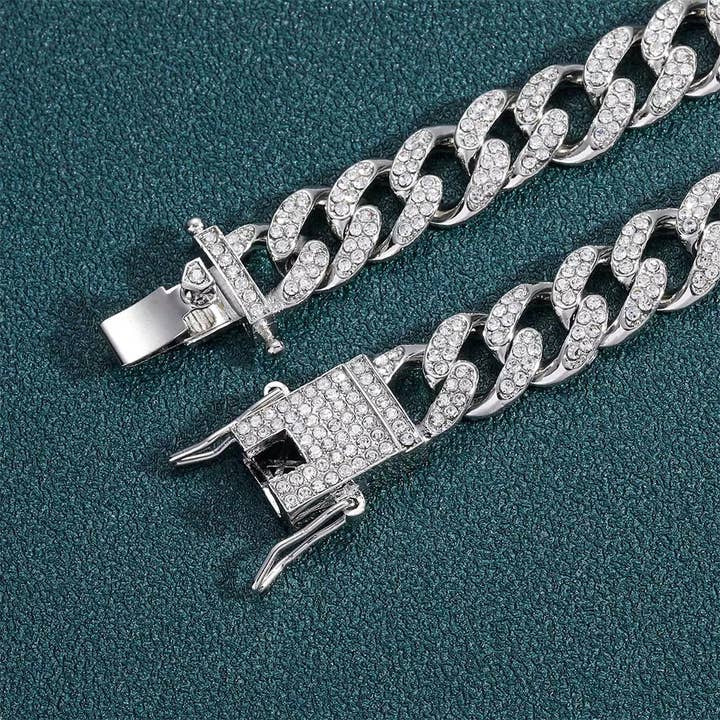 EMESLY - Vente Collier maille et chaîne - Collier cubain Iced Out (13 mm de largeur ; argent)5