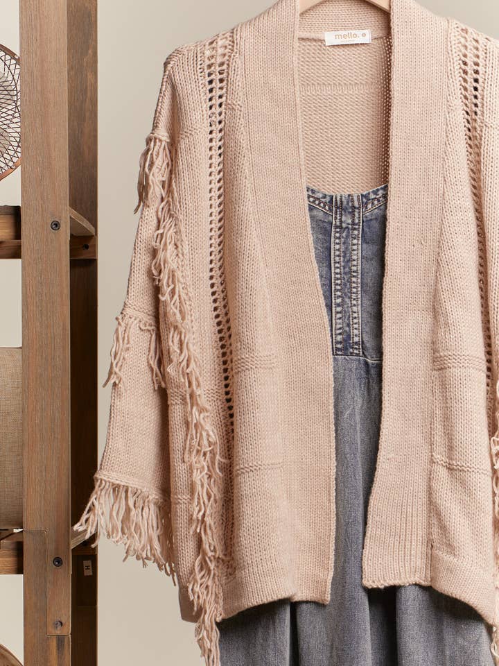 Tan Open Front Knit Cardigan with Fringes for wholesale on Faire