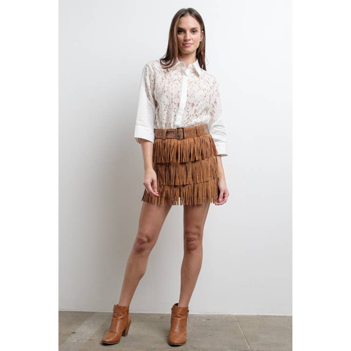 KIWI - Vente Jupe-short – femme - Jupe-culotte western en suédine avec franges et strass gris anthracite28