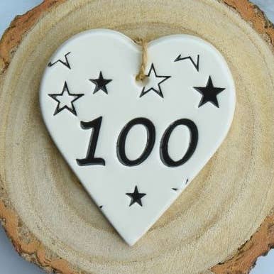 Birthday -100 Birthday 'Stars' - Handmade ceramic heart for wholesale by Broadlands Pottery