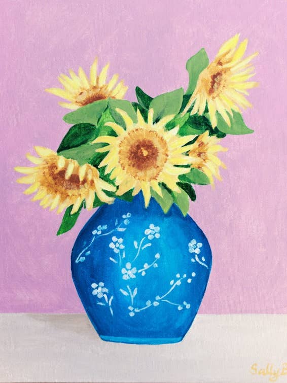 Chinoiserie vase art print with sunflowers bouquet fauvism for wholesale by Sally B