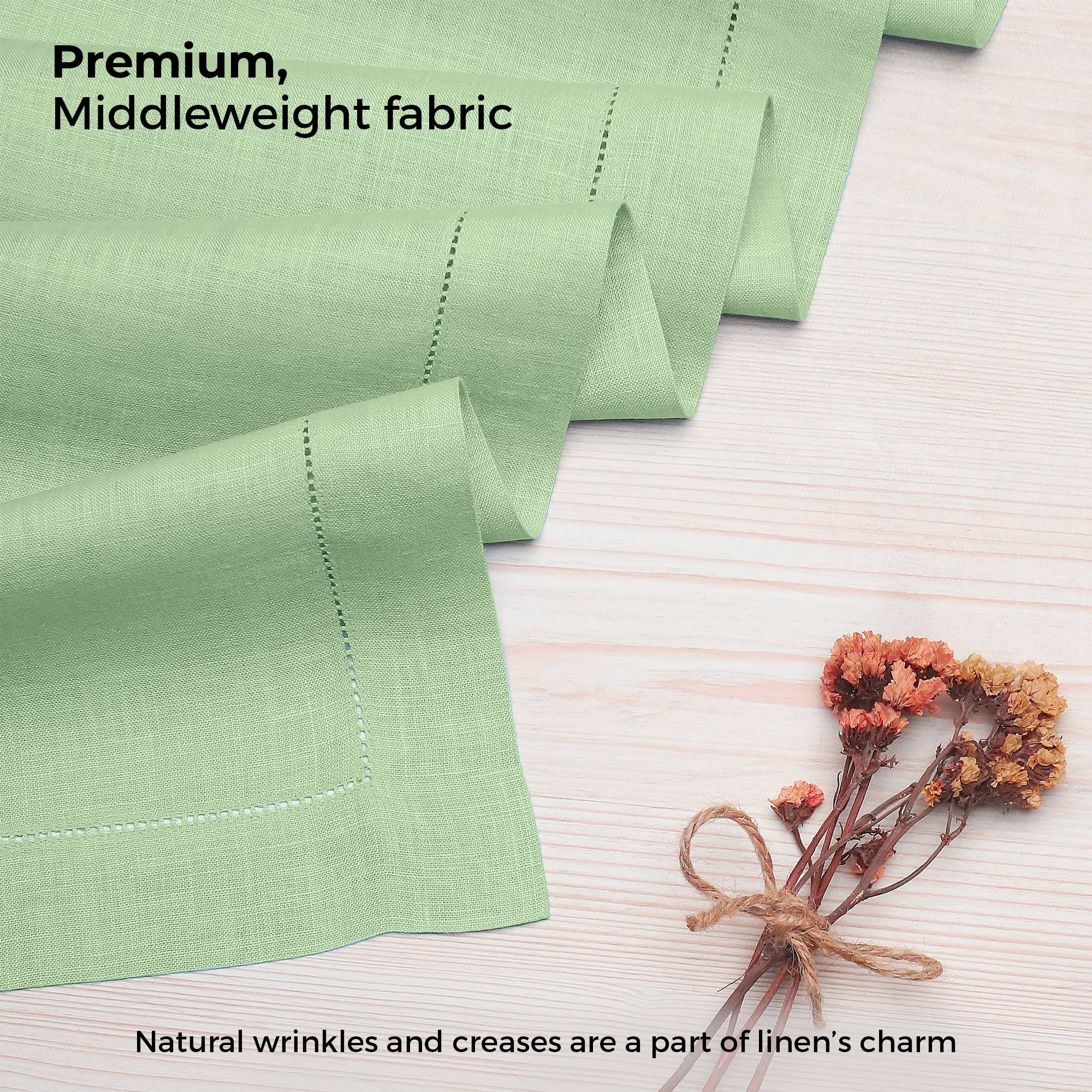 D'Moksha – wholesale Table runner – Sage Green Linen Table Runner - Hemstitch3