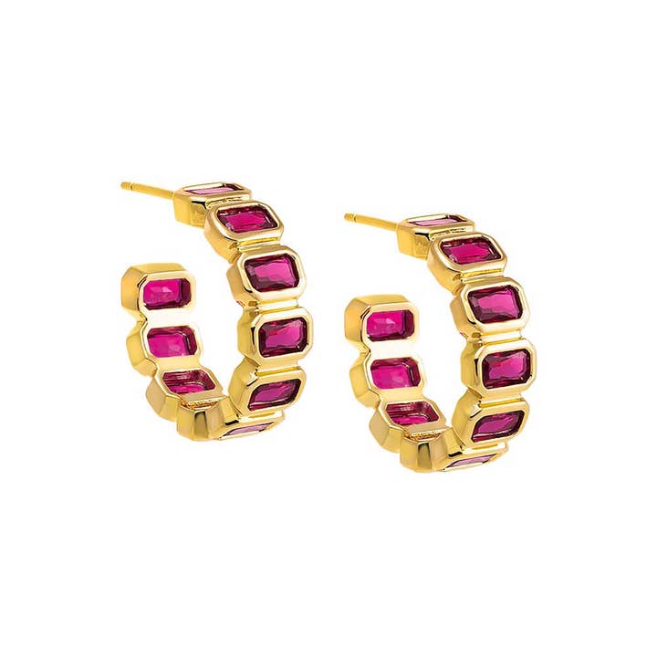 By Adina Eden - Wholesale Hoop Earrings - Colored Bezel Baguette Open Hoop Earring