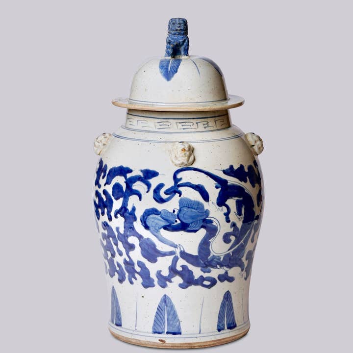 Extra Large Blue & White Dancing Dragon Porcelain Temple Jar for wholesale by Cobalt Guild