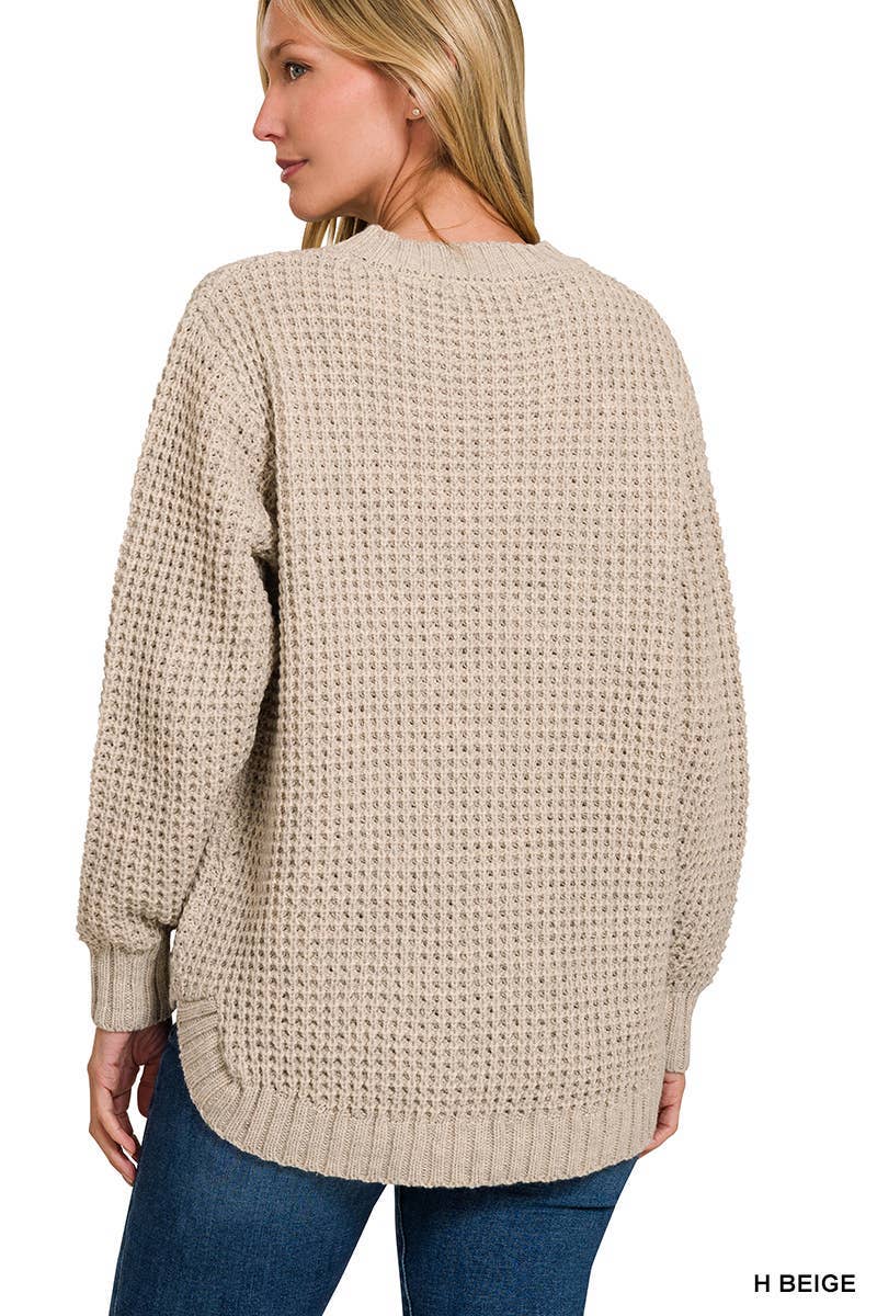 Vanilla Monkey - Wholesale Knit Sweater - Women's - Hi-low Long Sleeve Round Neck Waffle Sweater4