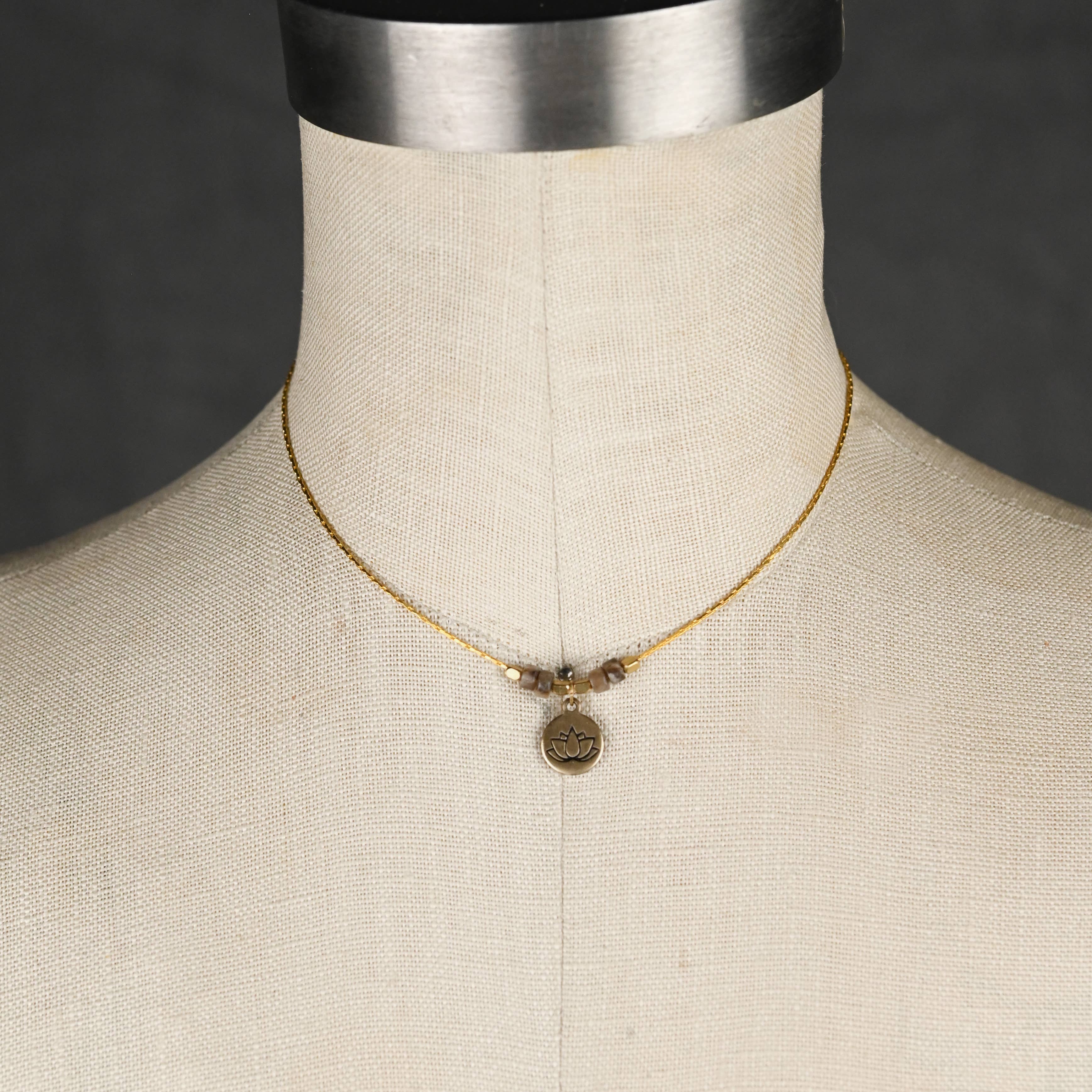 KBD Studio - Wholesale Pendant/Charm Necklace - Stamped Lotus  w/ Jasper Heishi Bead Necklace1