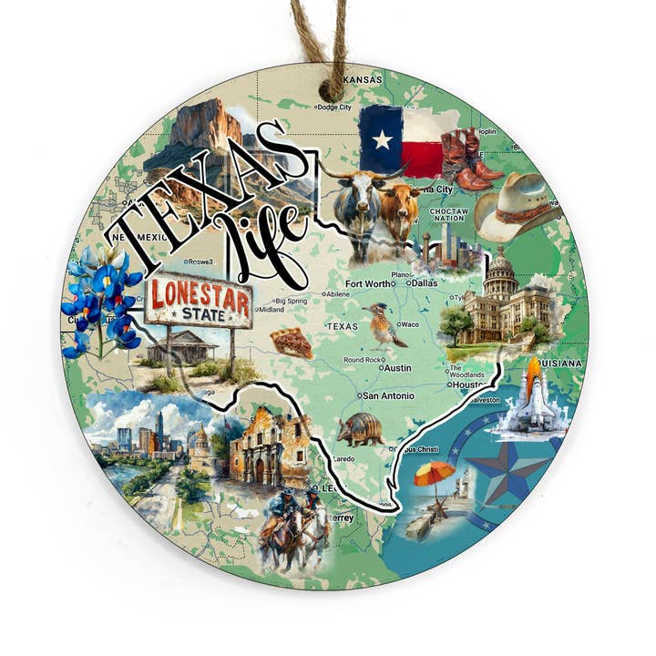 Texas Life State Wood Ornament- 3.5 inches Round for wholesale by Map Mom