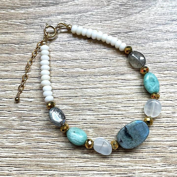 Bracelet Hélios Labradorite Amazonite plaqué or pour la vente par YSIE