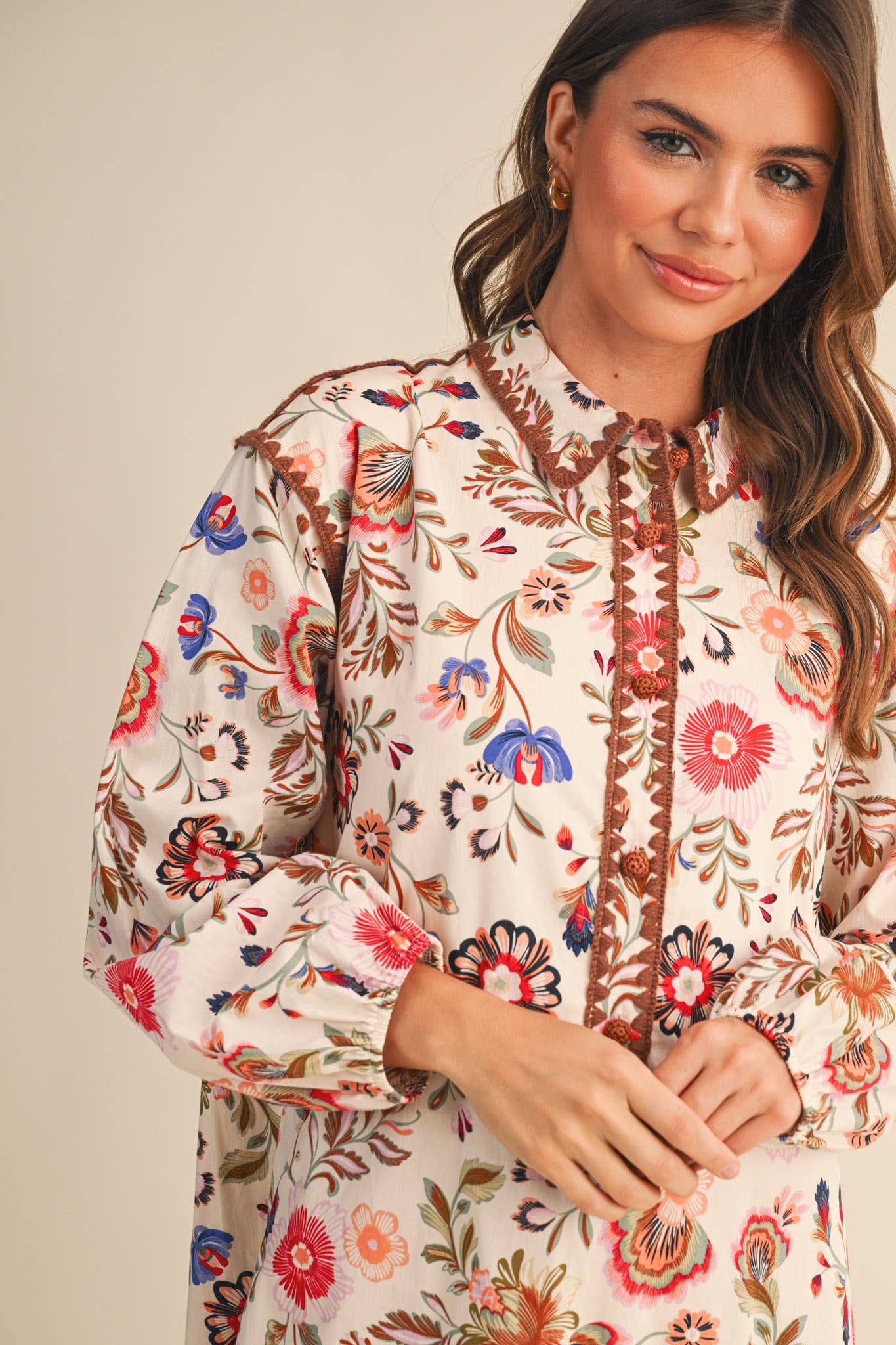 &MERCI - Wholesale Dress - Women's - EXCLUSIVE PRINT BLANKET STITCH BUTTONED MINI DRESS MDR42989