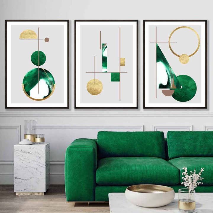 Art Deco Set of 3 Wall Art Prints in Green and Gold for wholesale by Artze Wall Art