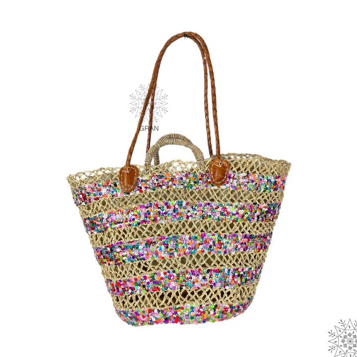 Large Sequin Bag, Sequin Straw Bag, Woven Beach Bag. for wholesale by Gran Wholesale