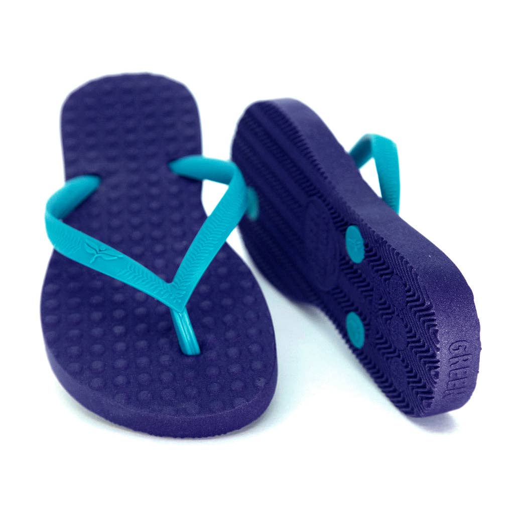 Green Flip Flops – Großhandel Flip-Flops – Damen – Damen nachhaltige Flip Flops mit lila Sohle und türkisfarbenen Riemen2