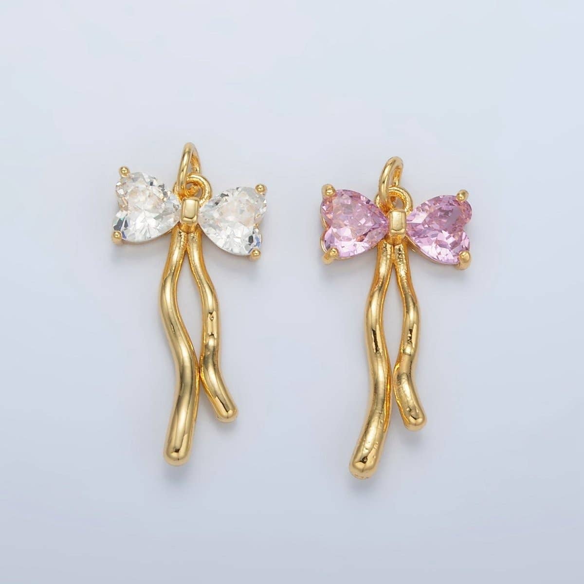 Aim Eternal - Wholesale Individual Charm/Pendant - 24K Gold Filled Clear, Pink CZ Ribbon Bow Drop Mini Charm | AC1014