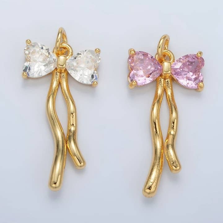 Aim Eternal - Wholesale Individual Charm/Pendant - 24K Gold Filled Clear, Pink CZ Ribbon Bow Drop Mini Charm | AC1014