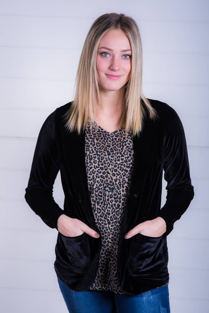 Vivette Apparel - Wholesale Blazer - Women's - Black Stretch Velvet Blazer0