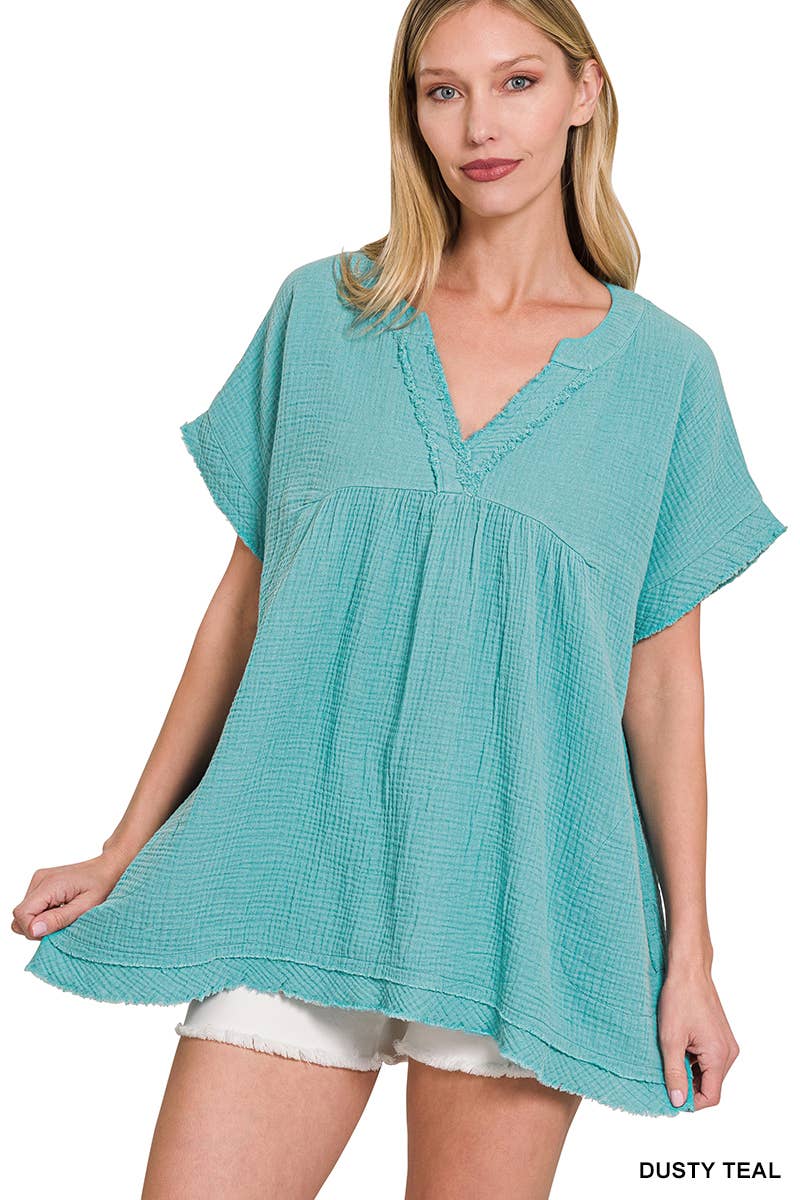 42POPS – wholesale Tunika - Dam – "Rå kant kortärmad V-ringad tröja30