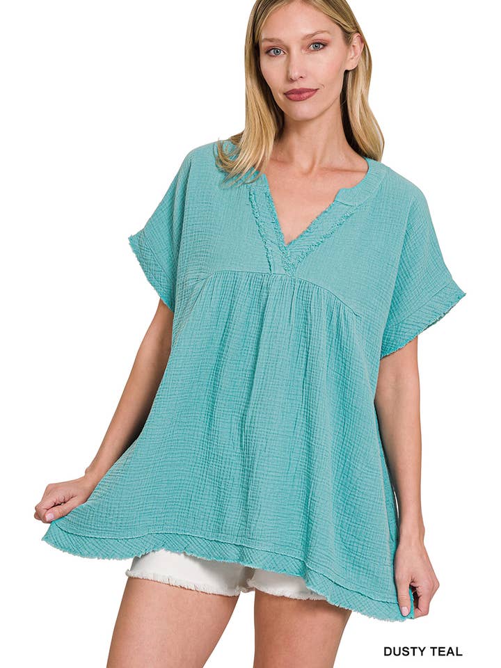 42POPS – wholesale Tunika - Dam – "Rå kant kortärmad V-ringad tröja30