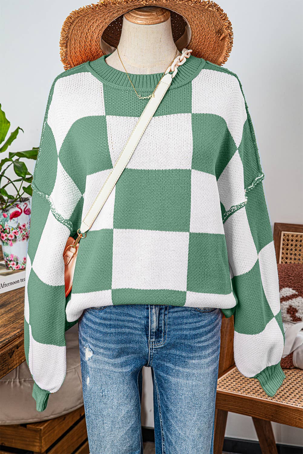 fashionworks - Wholesale Knit Sweater - Women's - Fashion-W Checkered Bishop Sleeve Sweater*S-2XL2