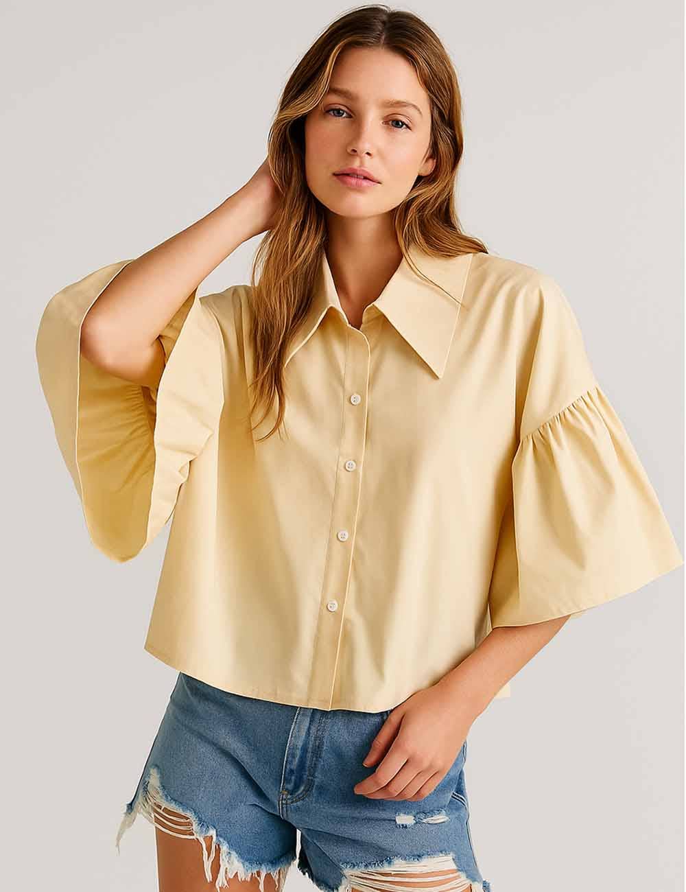 Sweetkama – wholesale Buttoned-down shirt – Women's – Ladies Striped Puff Sleeves Button Shirt SP06820