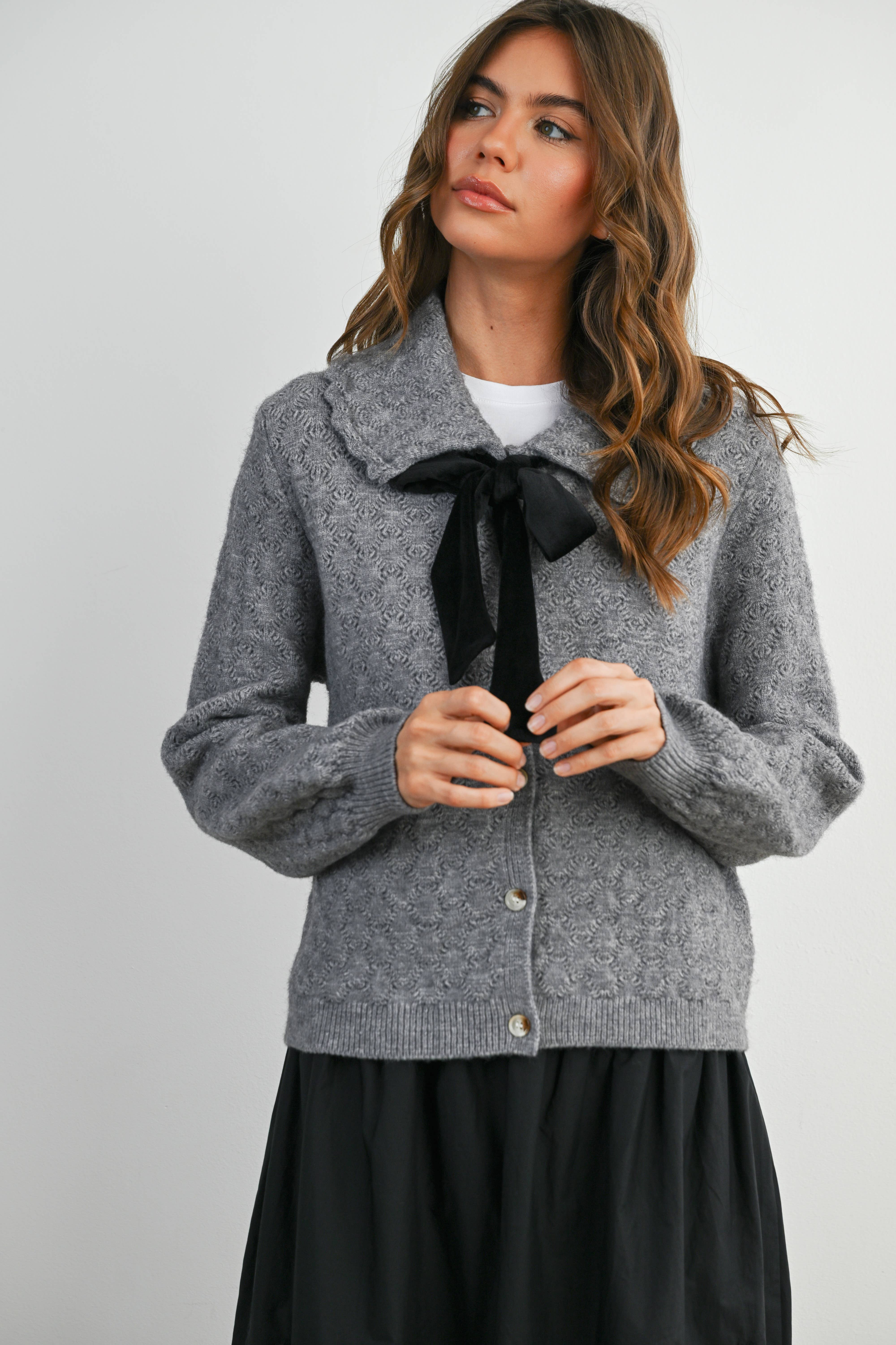 BUTTERMELON - Wholesale Cardigan - Women's - Button-Up Bow Front Collared Long Sleeve Top - BMC777618