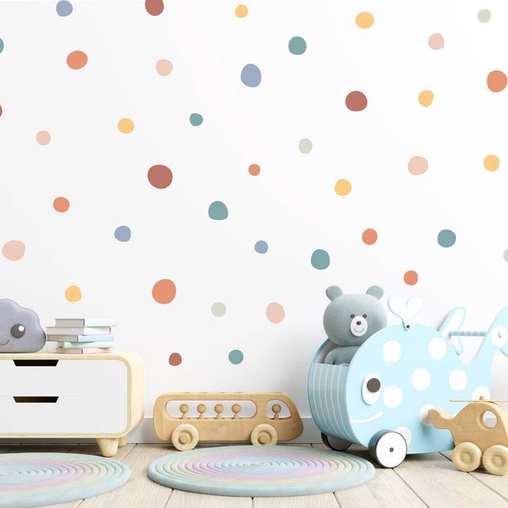Pack of 140 Neutral Polka Dot Wall Stickers for Kids Room, Muted Pastel Irregular Polka Dots Nursery Stickers, Soft Earthy Playroom Decor for wholesale by Decals Online