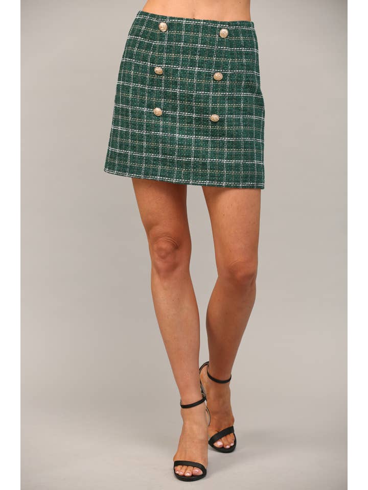 GREEN FRONT GOLD BUTTON TRIMMED LUREX MIXED TWEED SKIRT FS50019 for wholesale on Faire