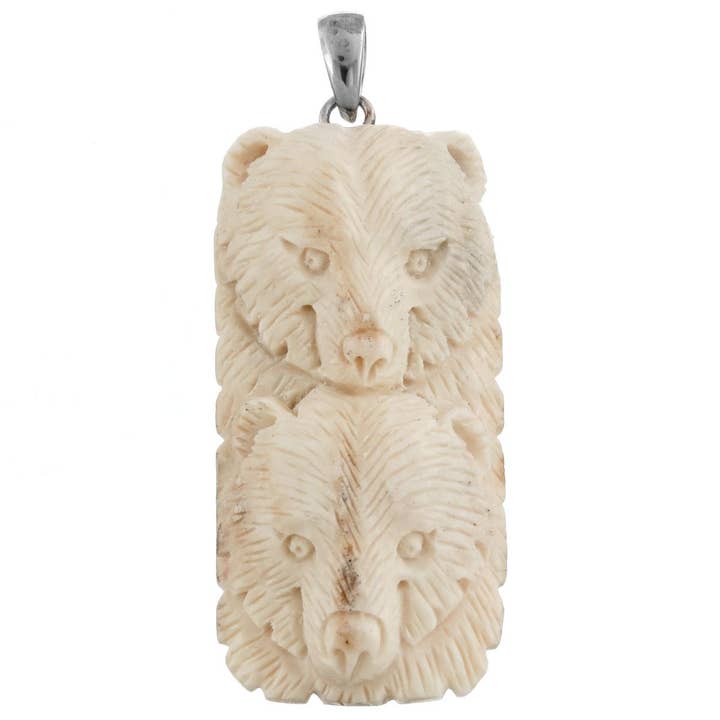 Pendentif en argent sterling 925, couple d'ours sculpté à la main à Bali, véritable bois de cerf, 2 1/2" pour la vente par FifiRose