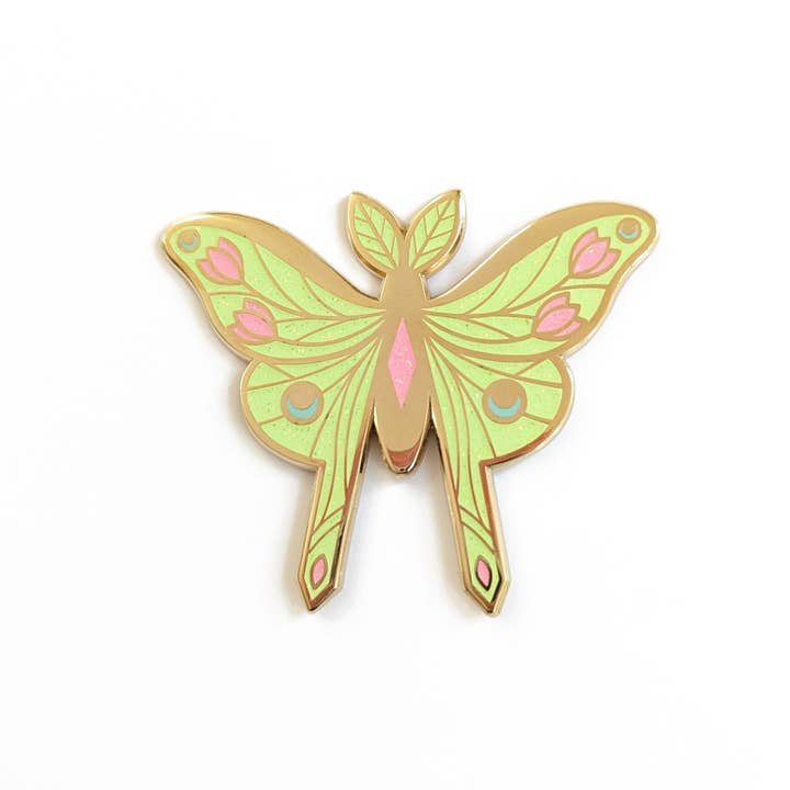Alfiler de esmalte duro Luna Moth con purpurina para venta al por mayor de Amber Leaders Designs
