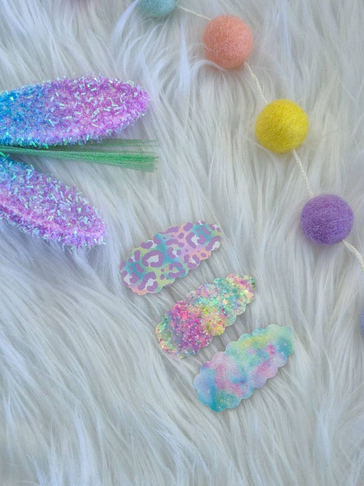 2.5 inch Scallop Oval Snap Clip 3pak-Easter Pastel Leopard Wholesale for wholesale by Dainty Delights Creations