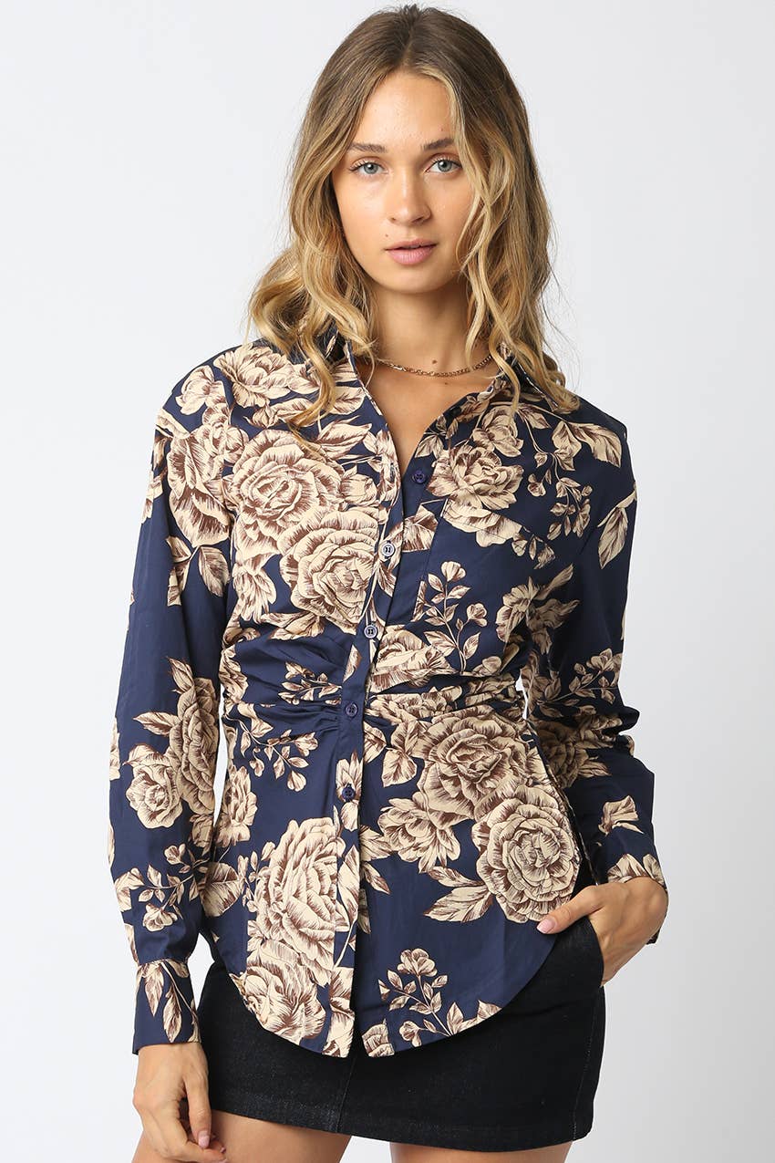 Midnight Blue Cream Joan Floral Shirt for wholesale on Faire0