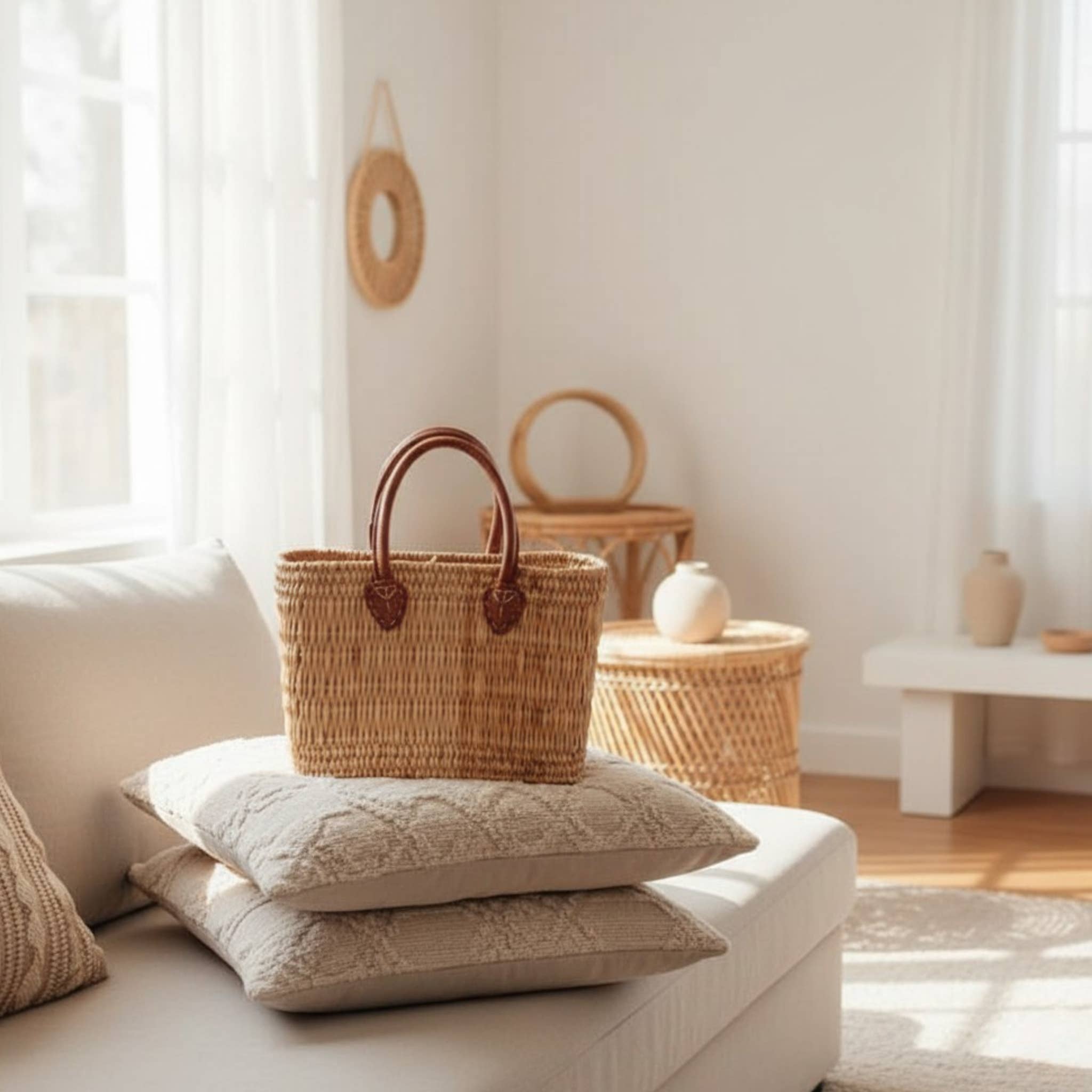 LeBazare - Vendita all'ingrosso Borsa da spiaggia - Cesto in Vimini con Manici Rinforzati in Pelle2