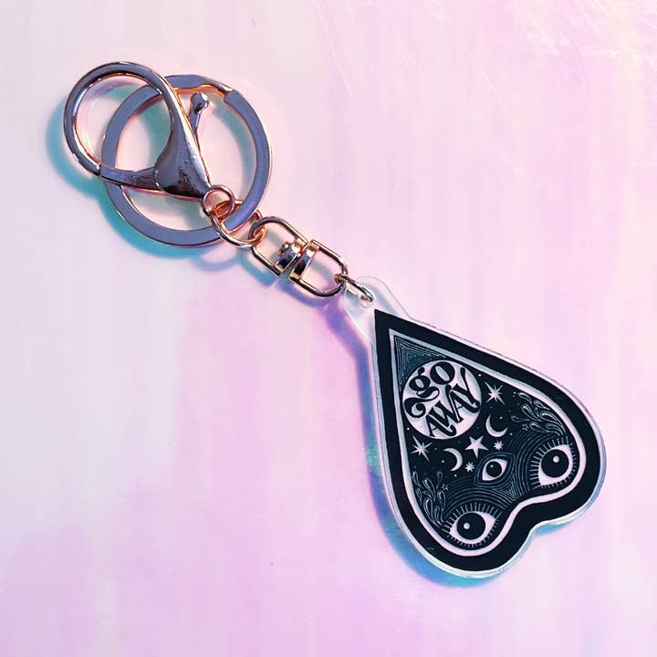 Go Away Planchette Acrylic Keychain for wholesale by Mother of the Moon