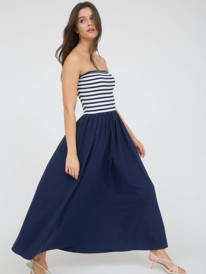 Blu Pepper - Wholesale Dress - Women's - STRIPE KNIT TOP WOVEN SKIRT MIX MEDIA MIDI DRESS