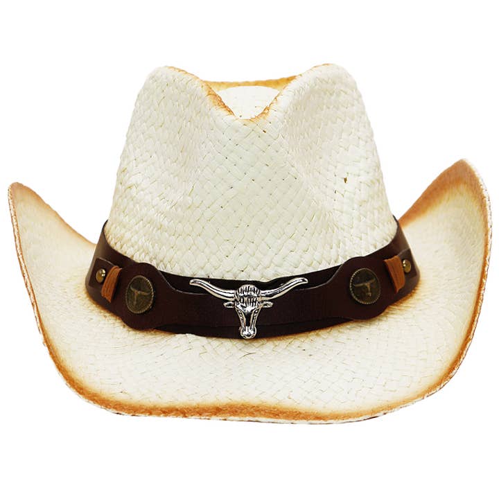Cap Zone - Wholesale Cowboy Hat - Unisex - Longhorn Belt Vintage Ombre Burnt Paper Straw Cowboy Hat