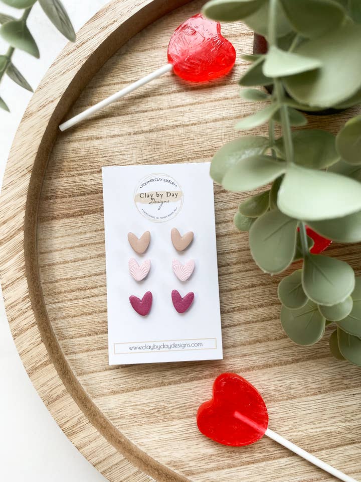 Heart Stud Trio - Polymer Clay Earrings Valentines for wholesale by Clay by Day Designs
