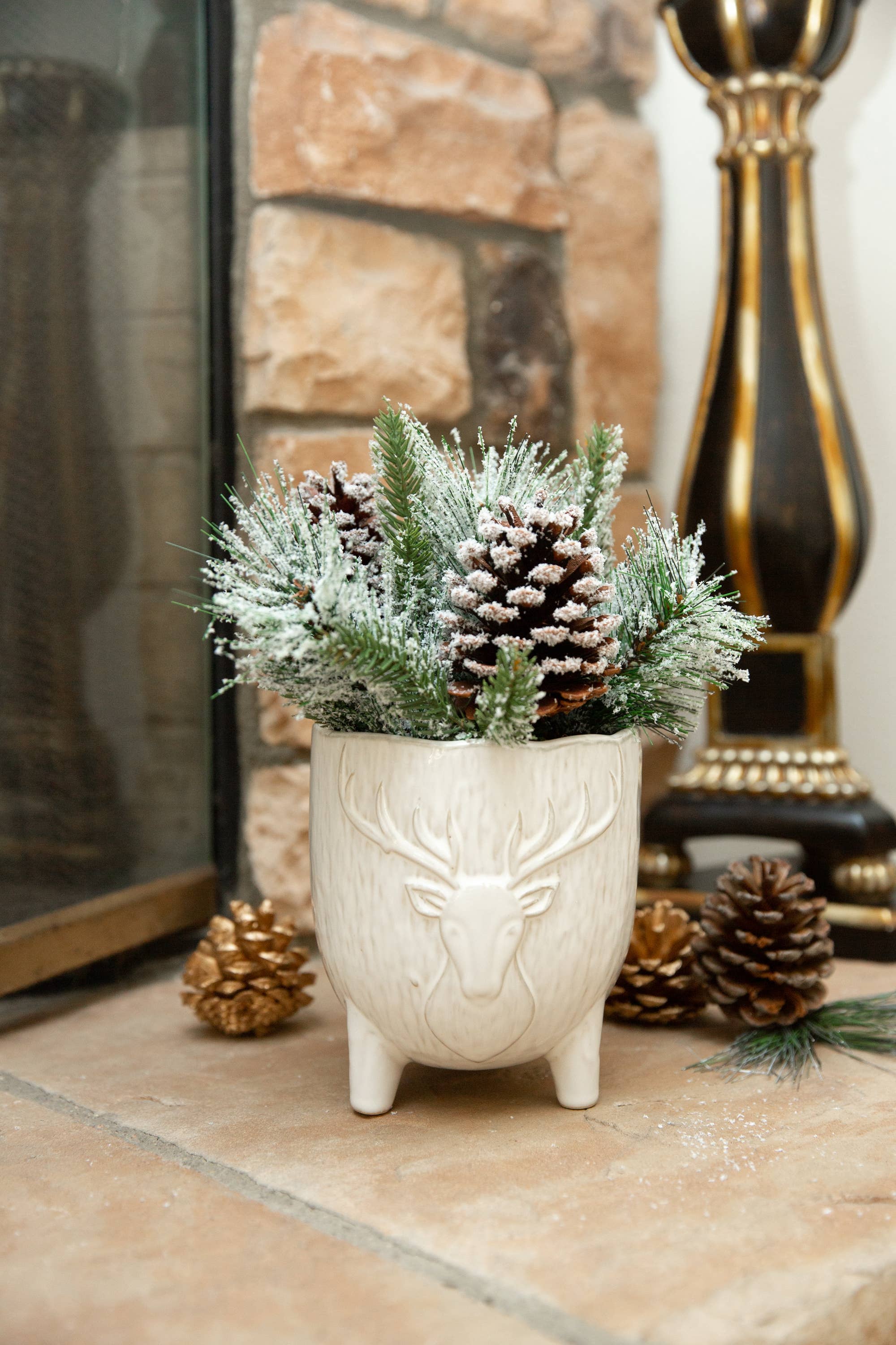 Flora Bunda Inc - Wholesale Ornament - Reindeer Winter Pine Arrangement in Ceramic Footed Pot2