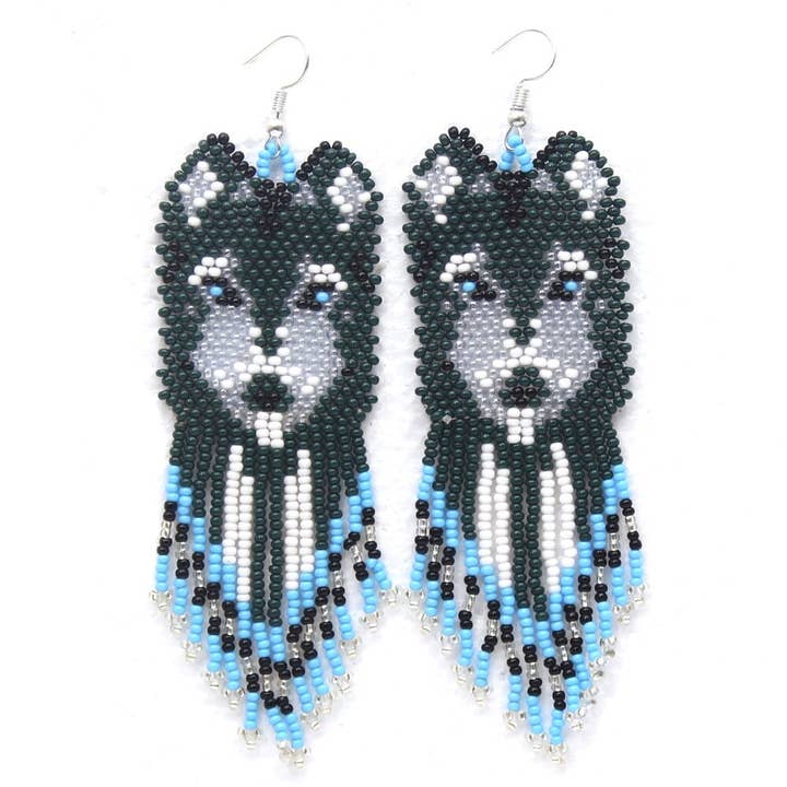 Handmade Beaded Green Blue Wolf Pattern Hook Earrings | Lightweight and Elegant for wholesale by BEADS CORNER