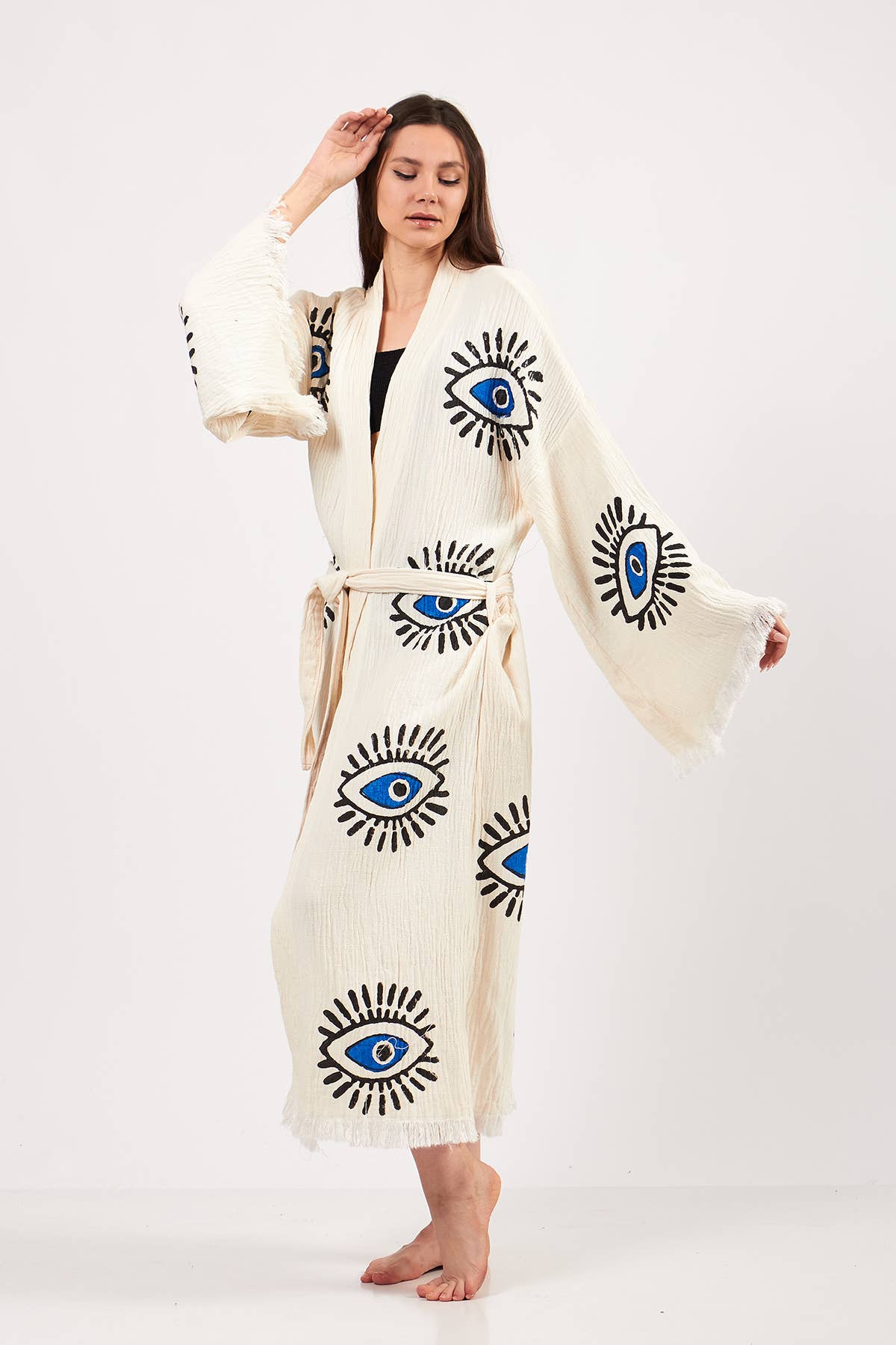Yaz Concepts - Venta al por mayor Kimono - Mujer - Kimono Turco con Estampado de Ojo Turco Blanco y Azul3