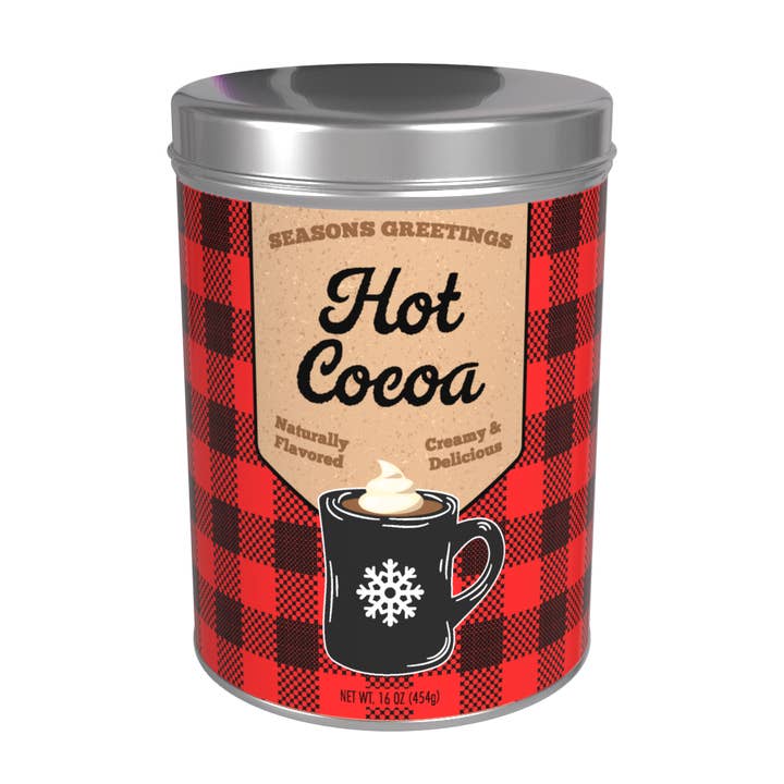 Season's Greetings Red Plaid Chocolate Hot Cocoa (16oz Tins) for wholesale by McSteven's