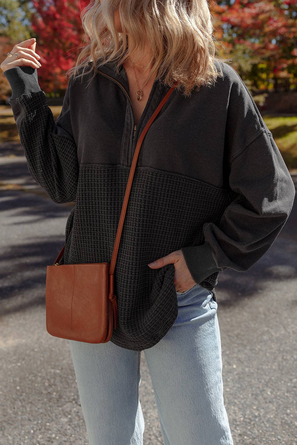 Carbon Grey Waffle Knit Patchwork Half Zipped Casual Sweatshirt for wholesale on Faire5