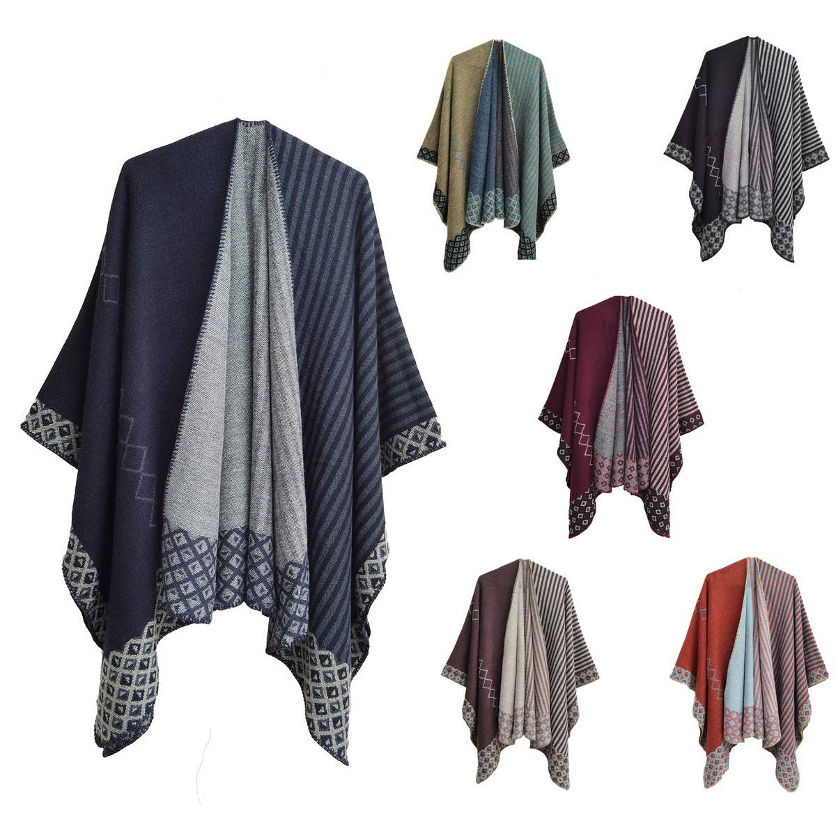 ACCITY - Wholesale Poncho - Women's - SIMPLE SPLIT SHAWL WITH DIAMOND GEOMETRIC PATTERN_CWASC02897