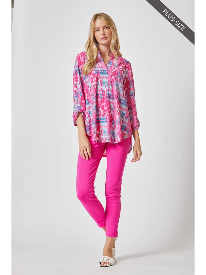 Teal Pink PLUS 3/4 Sleeve LIZZY MEDALLION Wrinkle Free Blouse for wholesale on Faire