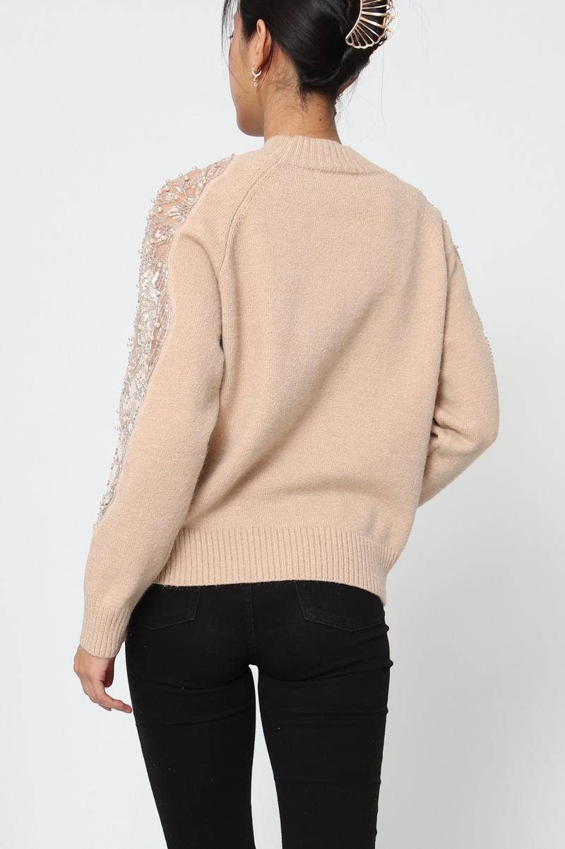 DIX-ONZE - Wholesale Knit Sweater - Women's - Soft Knit Sweater – Sequin & Pearl Details on Sleeves6