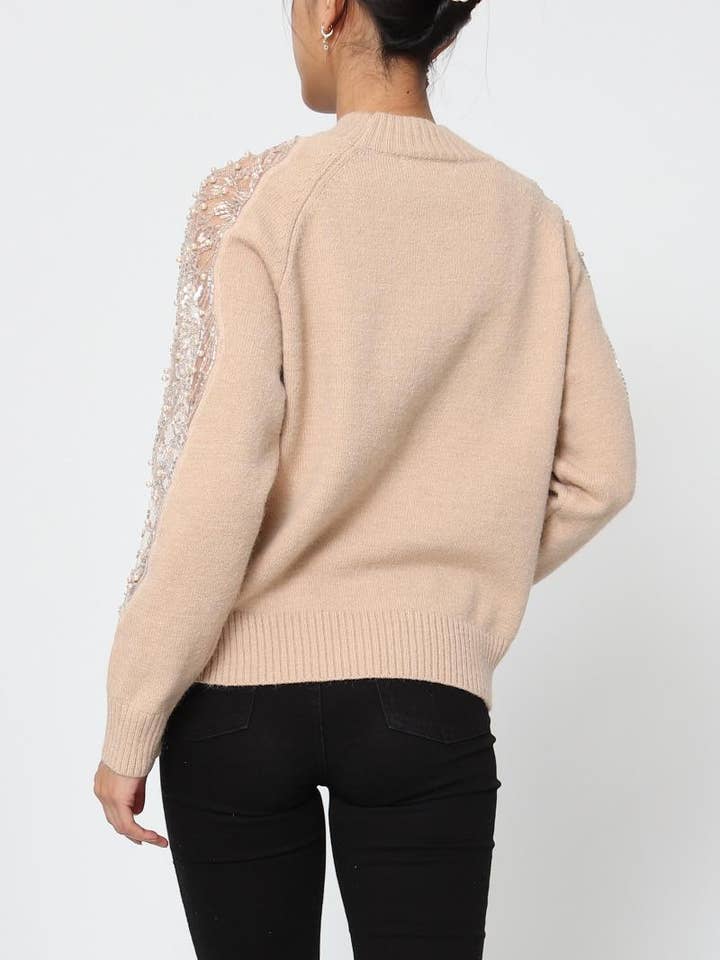 DIX-ONZE - Wholesale Knit Sweater - Women's - Soft Knit Sweater – Sequin & Pearl Details on Sleeves6