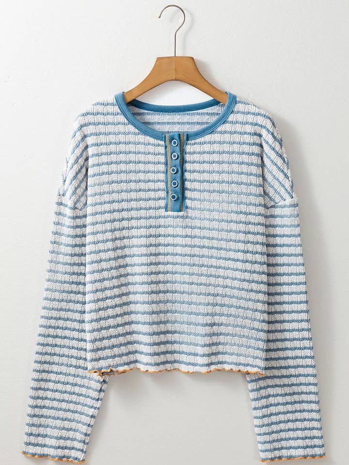 FULL TIME PURCHASE - Wholesale Knit Top - Women's - Stripe Textured Frilly Trim Buttons Henley Long Sleeve Top6