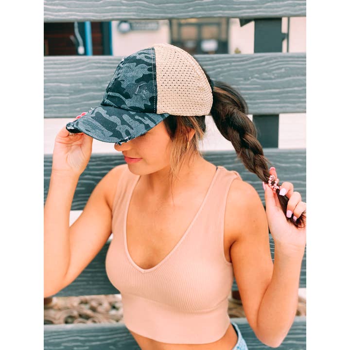 C.C Beanie - Wholesale Ponytail Cap - Women's - Washed Camouflage Stretch Mesh High Pony CC Ball Cap BT7875