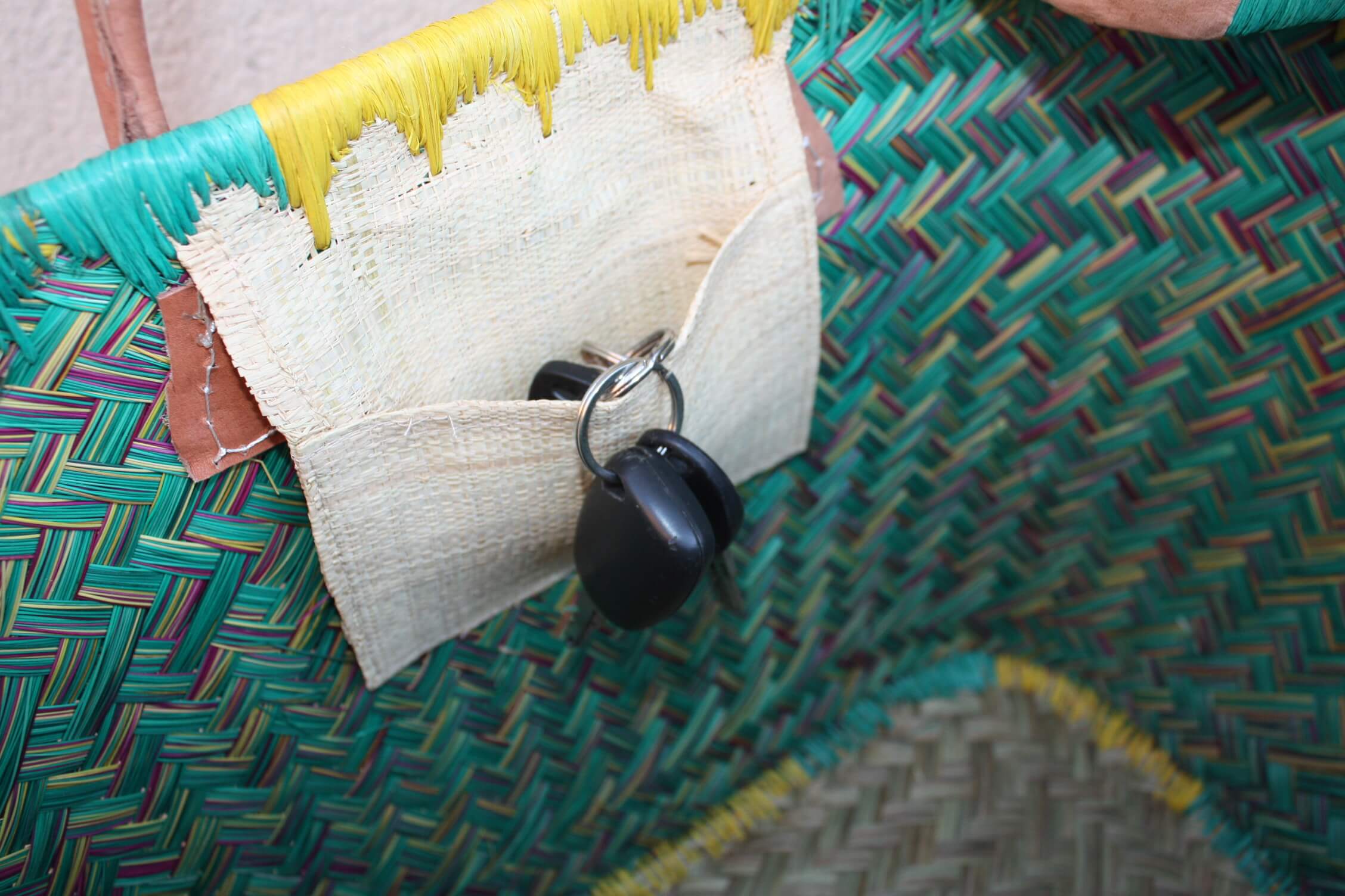 Boutique Huléti - Wholesale Grocery/Shopping Bag - Madagascar Shopping Basket - Turquoise & Yellow - Handwoven Tote Bag Wicker Rattan Straw - 3 sizes available -6