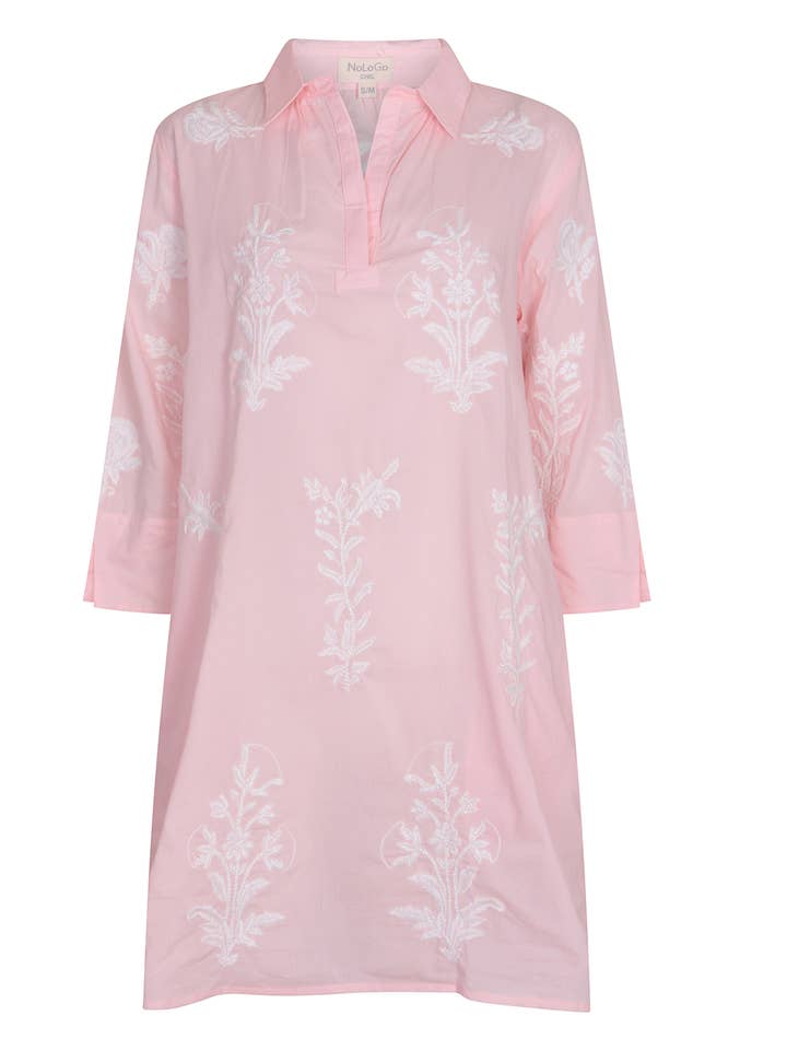 Short Tourist Dress with White Embroidery Cotton Pale Pink for wholesale by NoLoGo-chic
