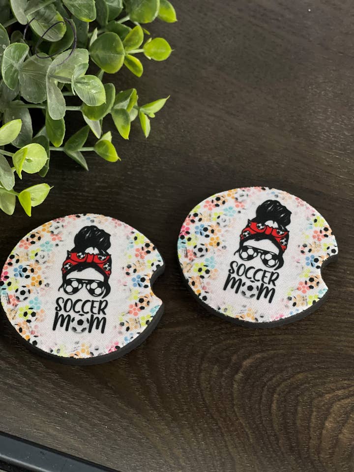 Soccer Mom Messy Bun Car Coaster Set for wholesale by CMD Wholesale